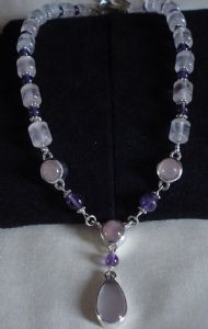 ROSE QUARTZ W AMETHYST AND SILVER CHOKER NECKLACE